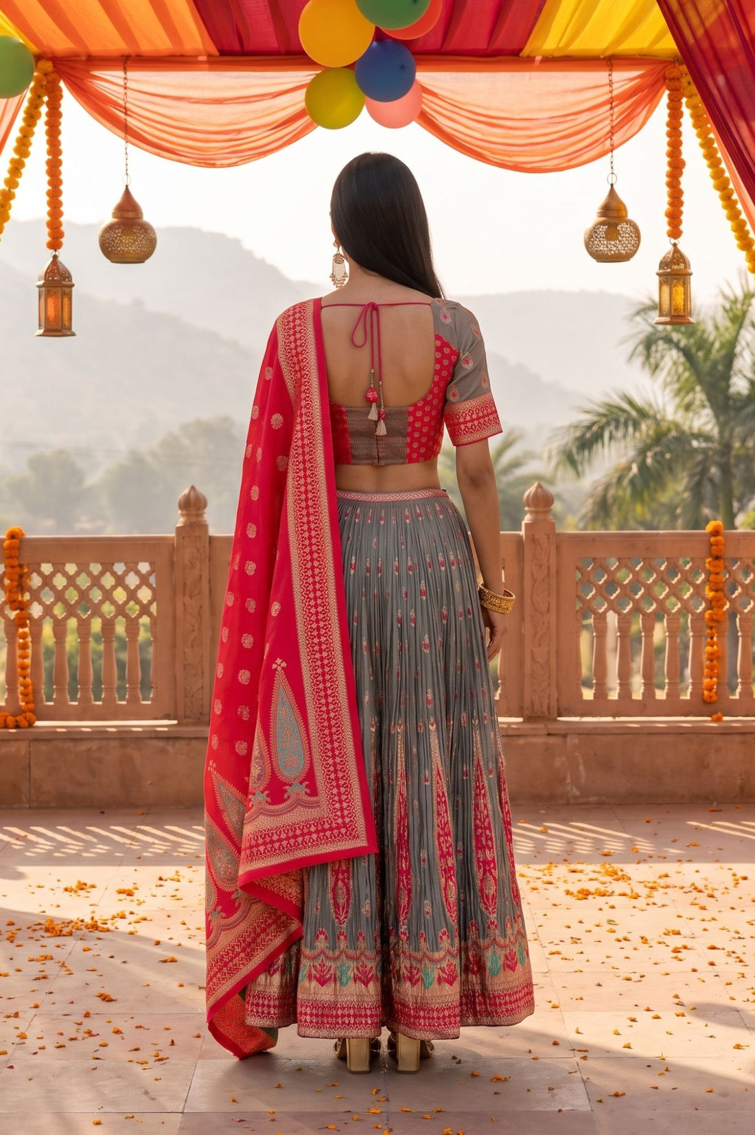 Grey Jacquard Woven Ethnic Motifs Zari Work Blouse, Skirt &amp; Dupatta Set