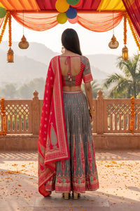 Grey Jacquard Woven Ethnic Motifs Zari Work Blouse, Skirt &amp; Dupatta Set