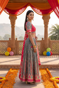 Grey Jacquard Woven Ethnic Motifs Zari Work Blouse, Skirt &amp; Dupatta Set