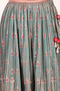 Grey Jacquard Woven Ethnic Motifs Zari Work Blouse, Skirt &amp; Dupatta Set