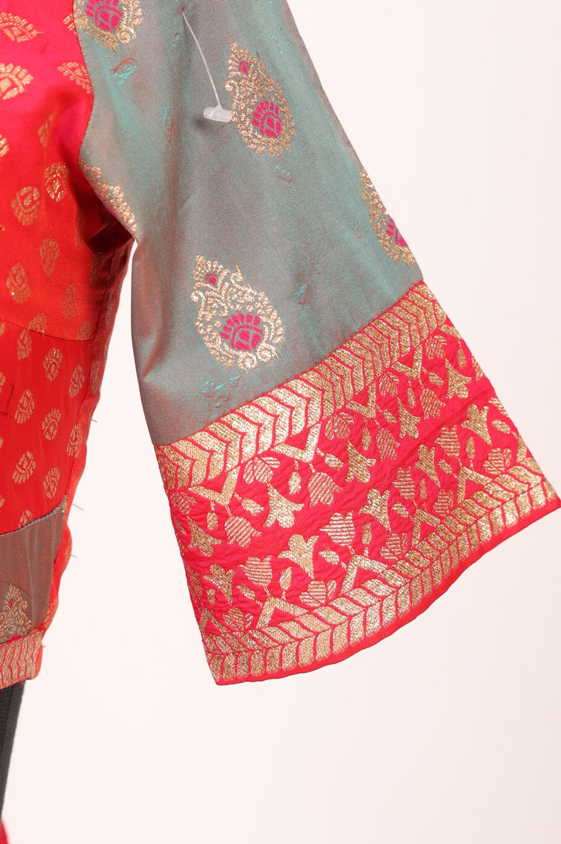 Grey Jacquard Woven Ethnic Motifs Zari Work Blouse, Skirt &amp; Dupatta Set