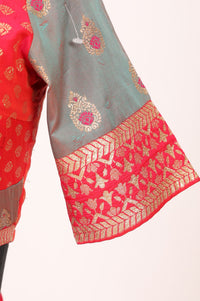 Grey Jacquard Woven Ethnic Motifs Zari Work Blouse, Skirt &amp; Dupatta Set