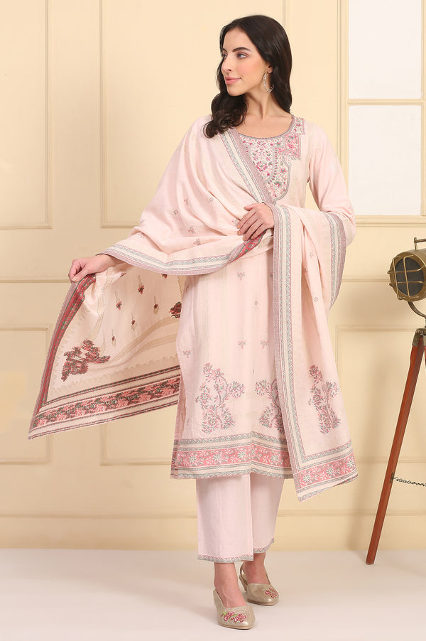 Pink Floral Printed Bead Embellished Straight Cotton Blend Kurta, Palazzos and Dupatta Set