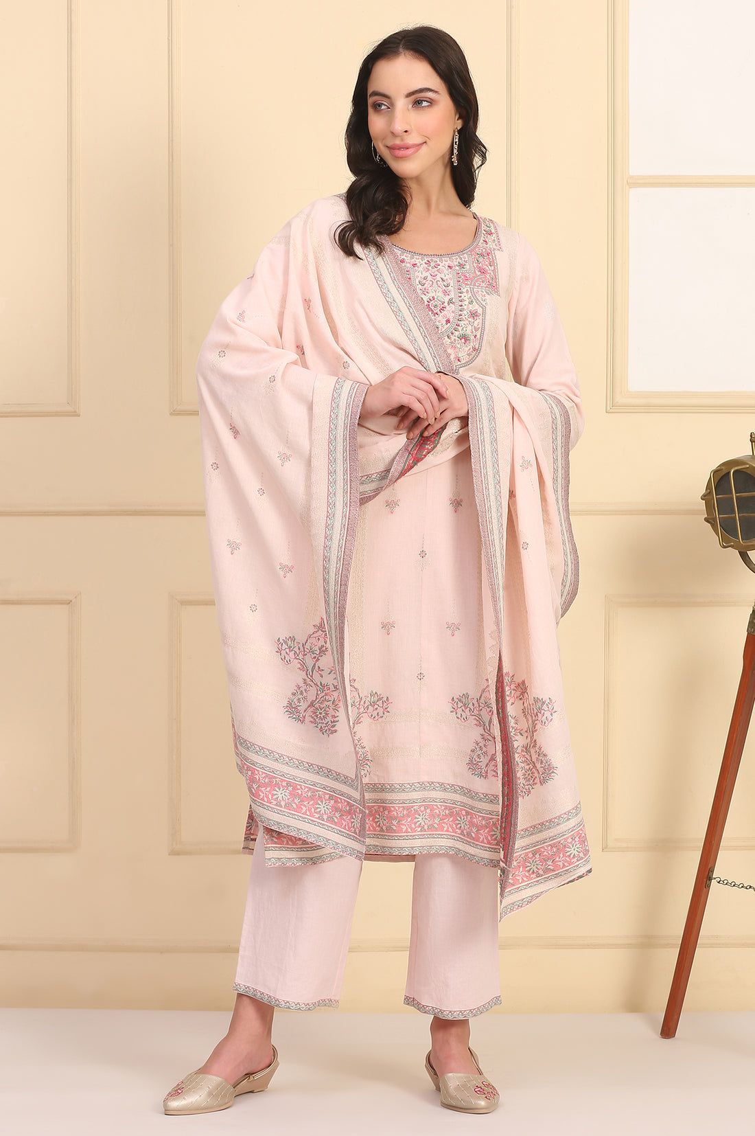 Pink Floral Printed Bead Embellished Straight Cotton Blend Kurta, Palazzos and Dupatta Set