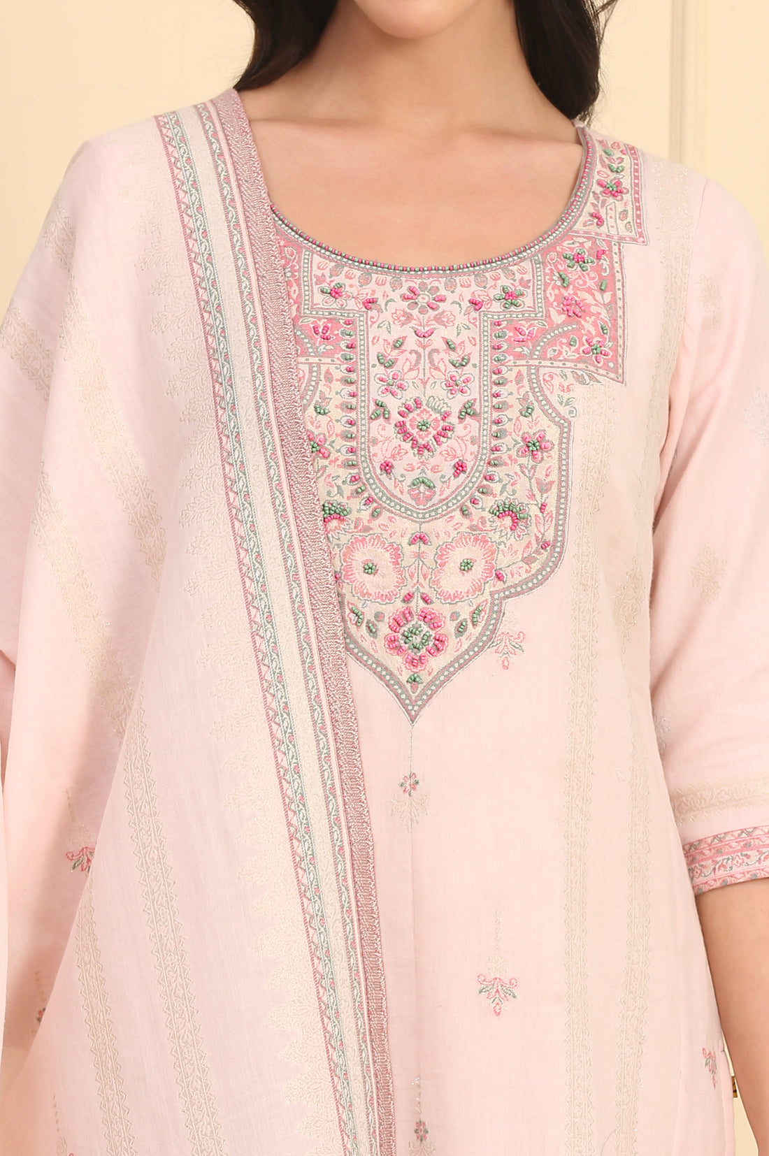 Pink Floral Printed Bead Embellished Straight Cotton Blend Kurta, Palazzos and Dupatta Set