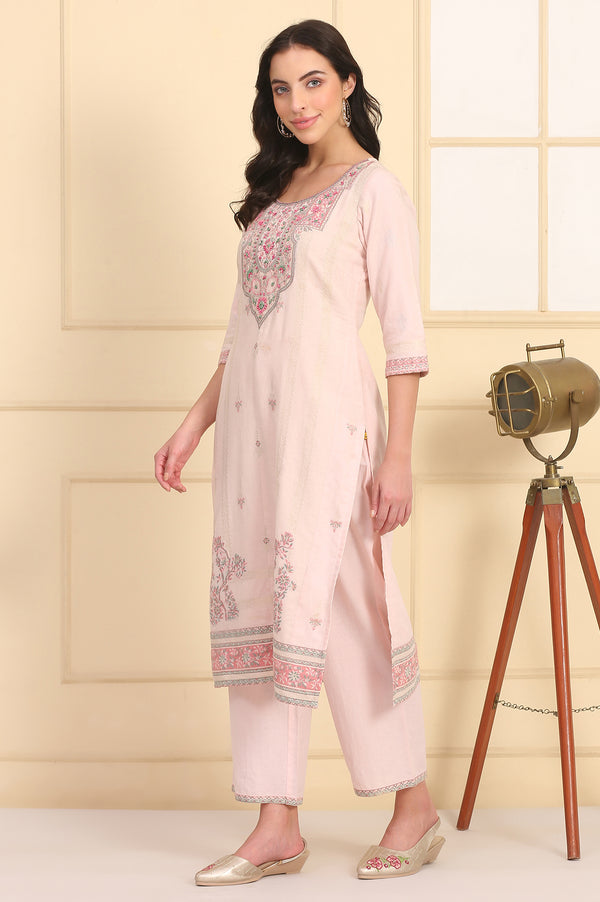 Pink Floral Printed Bead Embellished Straight Cotton Blend Kurta, Palazzos and Dupatta Set