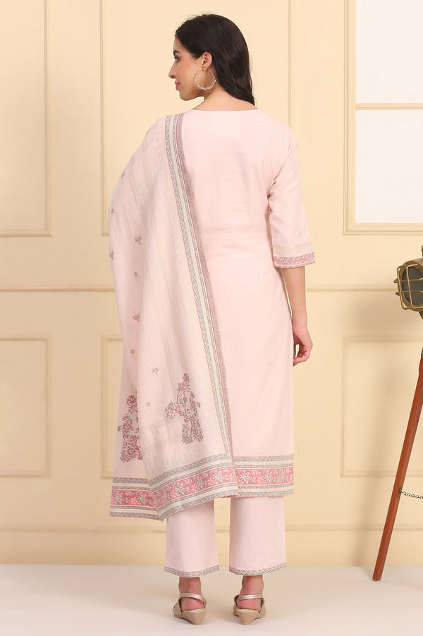 Pink Floral Printed Bead Embellished Straight Cotton Blend Kurta, Palazzos and Dupatta Set