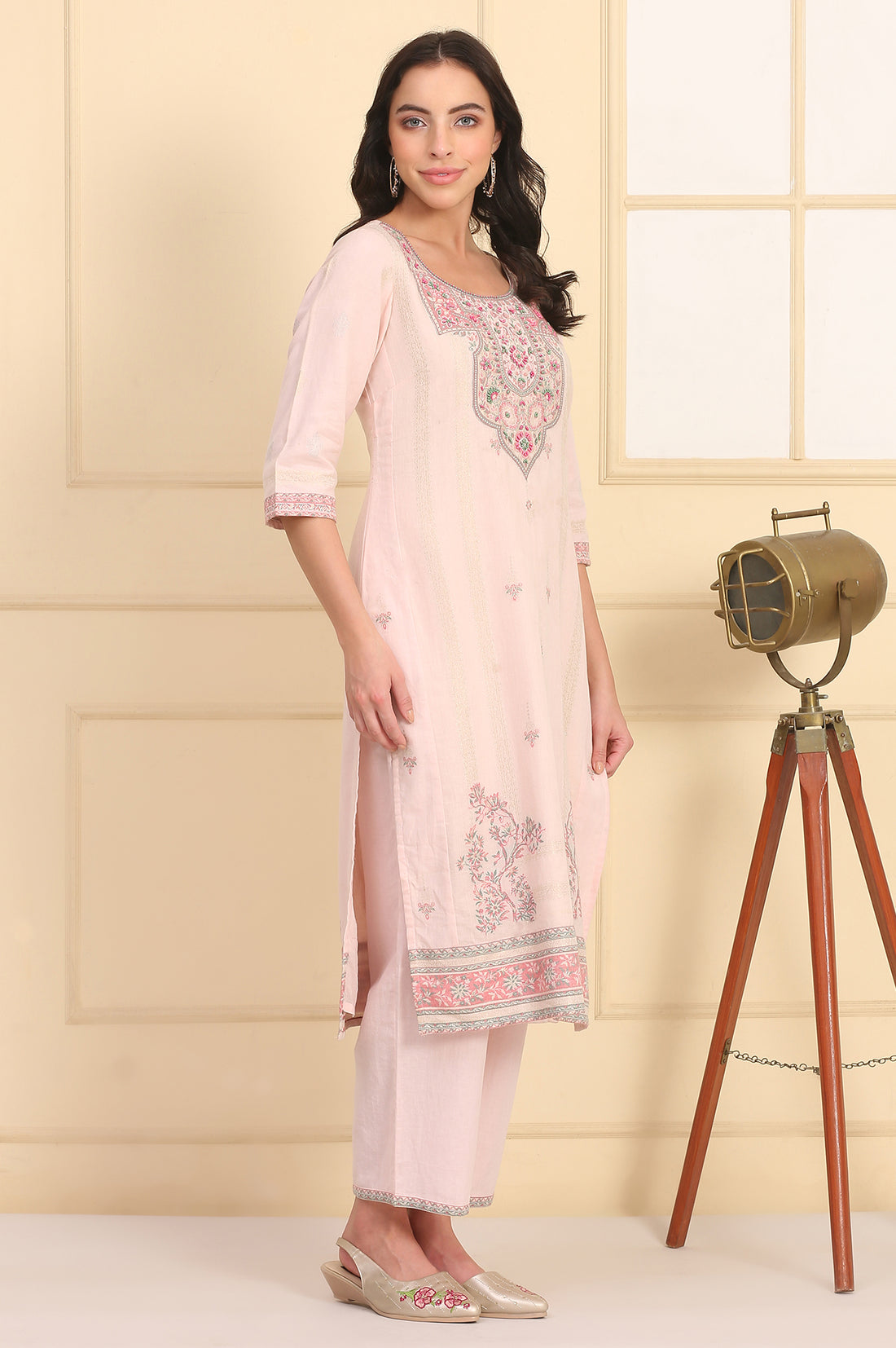 Pink Floral Printed Bead Embellished Straight Cotton Blend Kurta, Palazzos and Dupatta Set