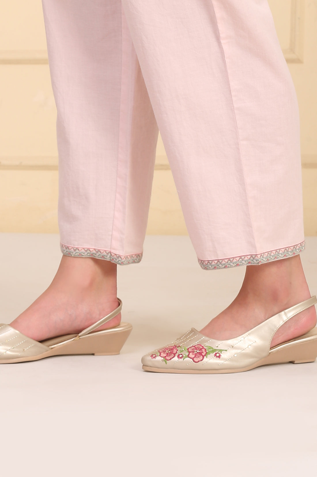 Pink Floral Printed Bead Embellished Straight Cotton Blend Kurta, Palazzos and Dupatta Set