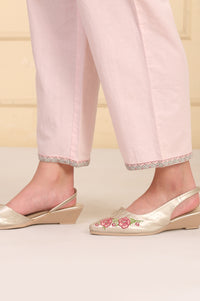 Pink Floral Printed Bead Embellished Straight Cotton Blend Kurta, Palazzos and Dupatta Set