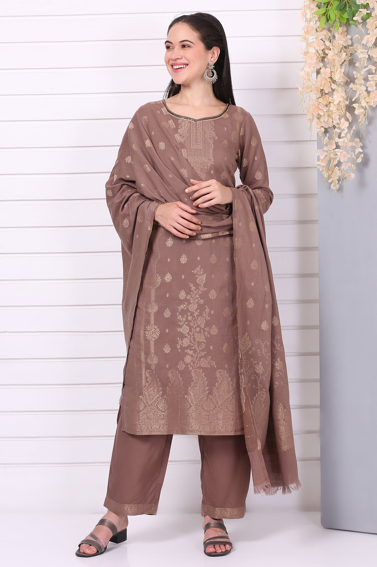 Brown Floral Printed Beads Straight Cotton Blend Kurta, Palazzos and Dupatta Set - S