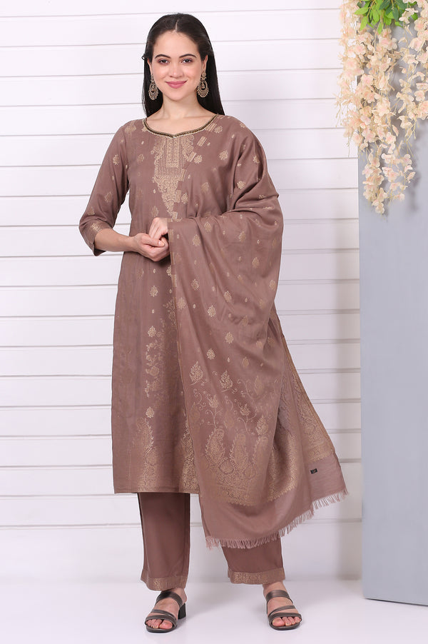 Brown Floral Printed Beads Straight Cotton Blend Kurta, Palazzos and Dupatta Set