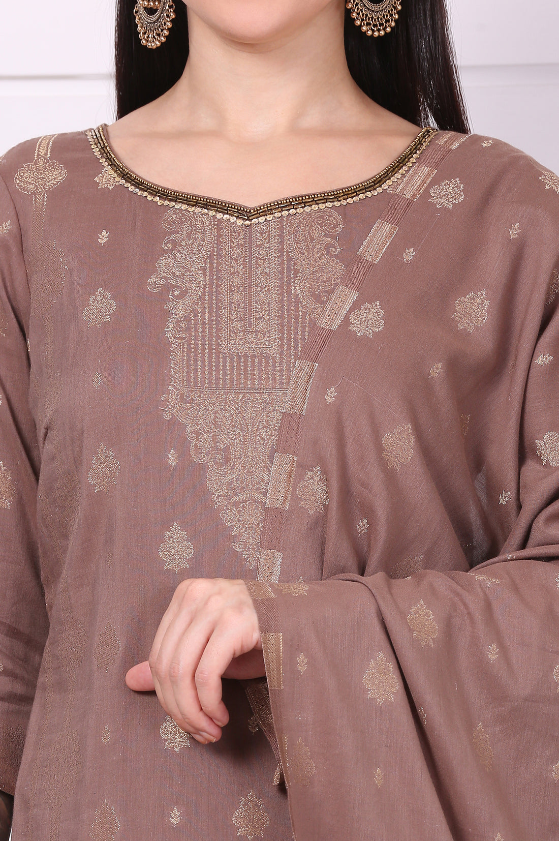 Brown Floral Printed Beads Straight Cotton Blend Kurta, Palazzos and Dupatta Set