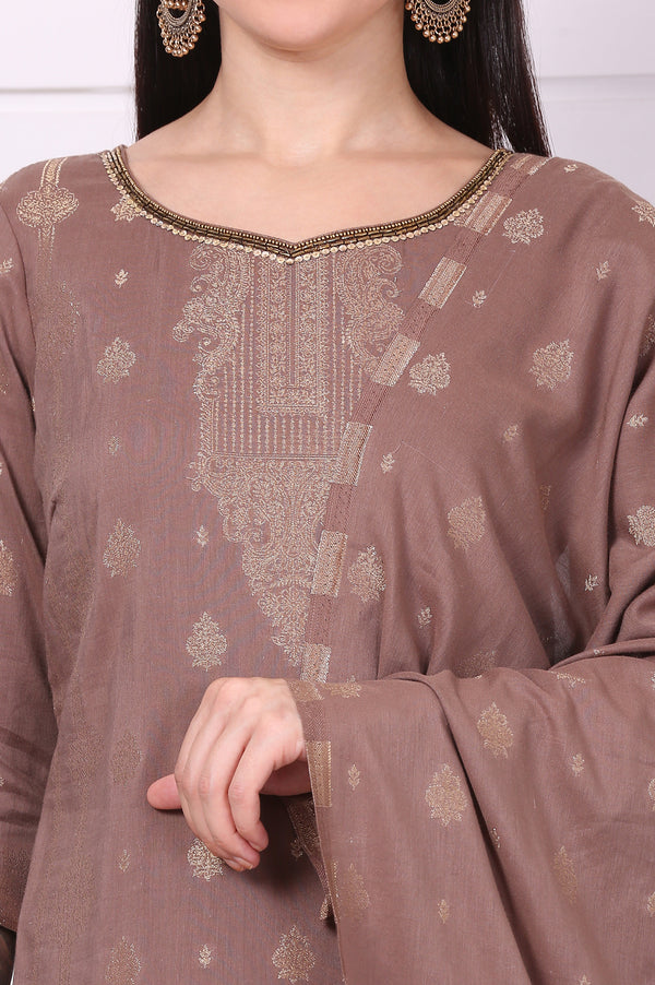 Brown Floral Printed Beads Straight Cotton Blend Kurta, Palazzos and Dupatta Set