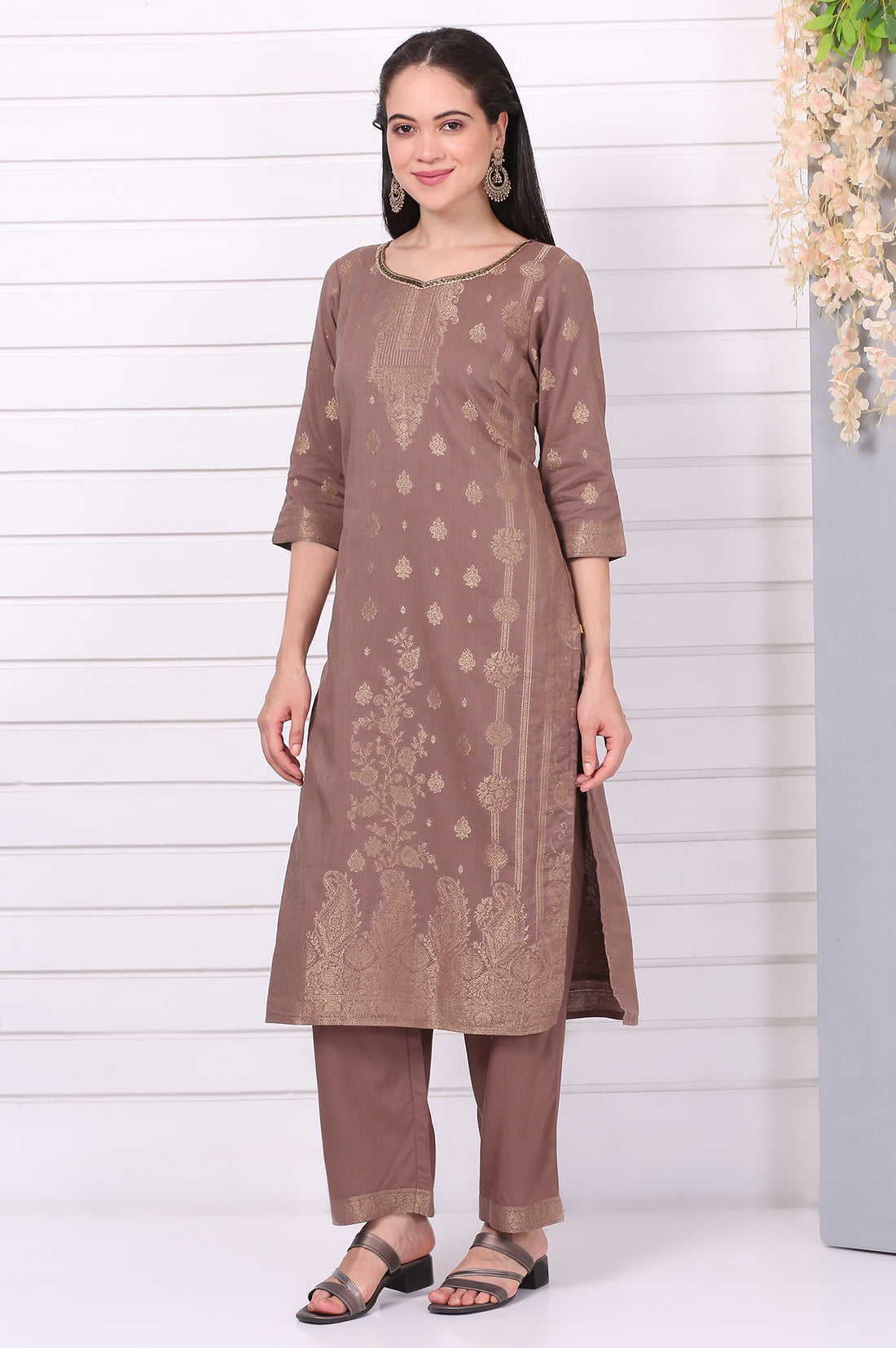 Brown Floral Printed Beads Straight Cotton Blend Kurta, Palazzos and Dupatta Set
