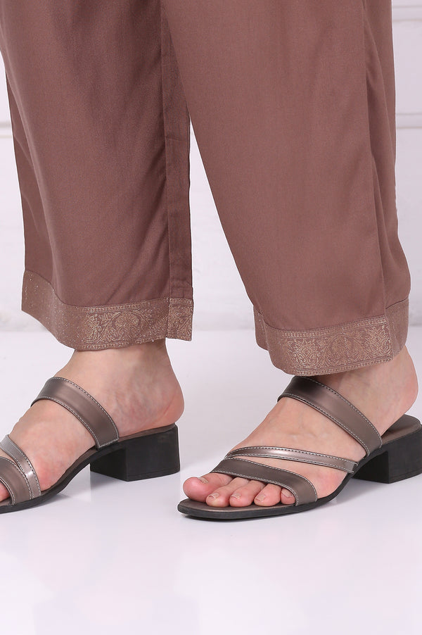 Brown Floral Printed Beads Straight Cotton Blend Kurta, Palazzos and Dupatta Set