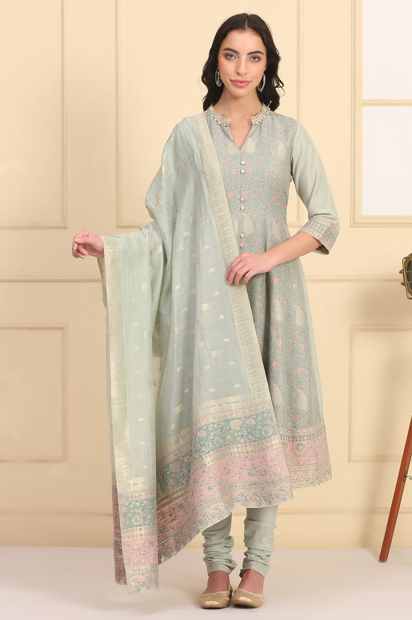 Pastel Green Lace Embellished Flared Kurta, Cotton Churidar and Dupatta Set