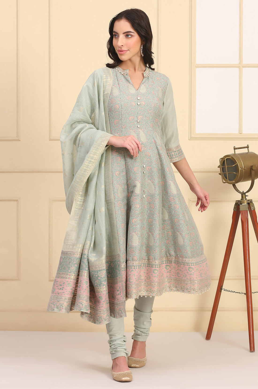 Pastel Green Lace Embellished Flared Kurta, Cotton Churidar and Dupatta Set