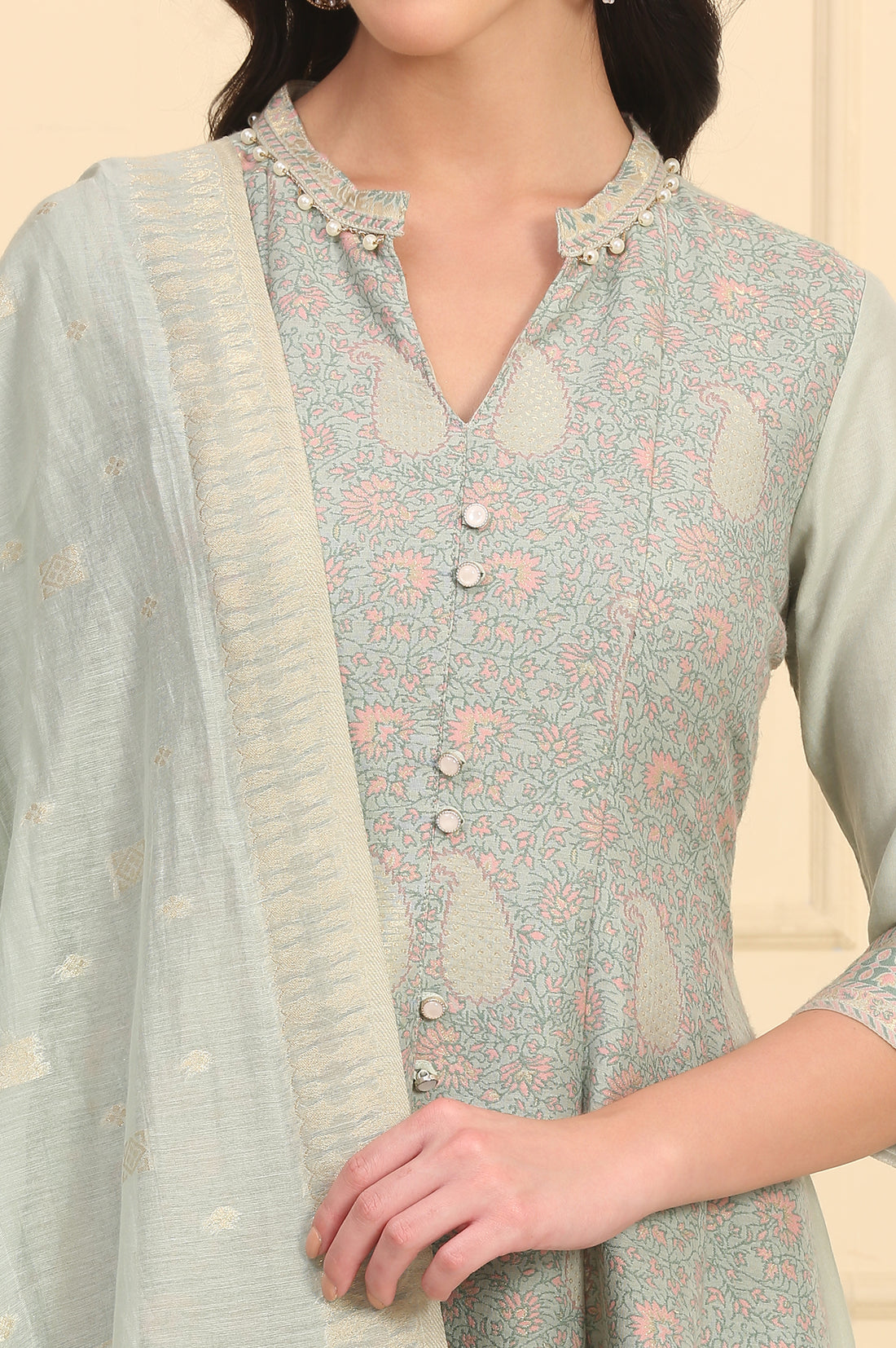Pastel Green Lace Embellished Flared Kurta, Cotton Churidar and Dupatta Set