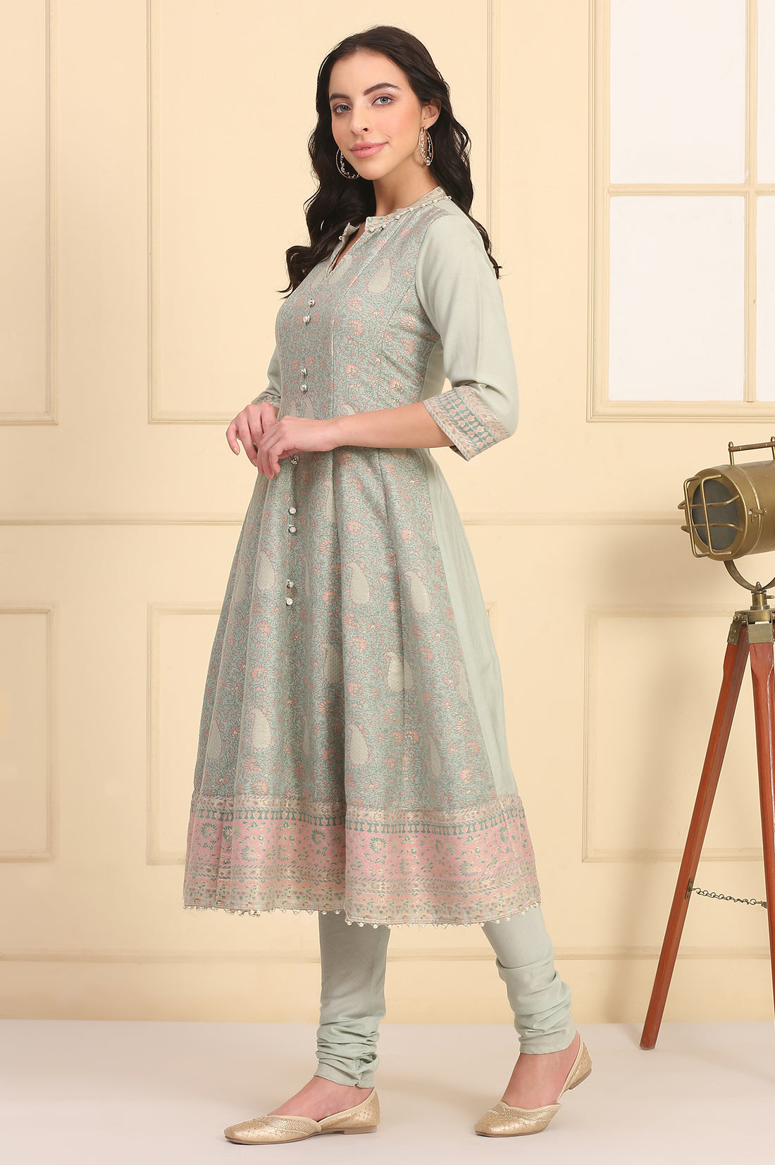 Pastel Green Lace Embellished Flared Kurta, Cotton Churidar and Dupatta Set