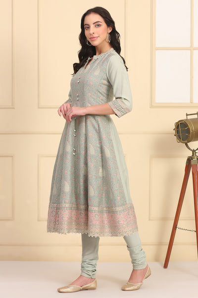 Pastel Green Lace Embellished Flared Kurta, Cotton Churidar and Dupatta Set