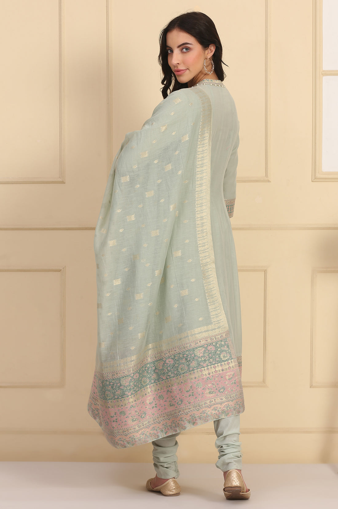 Pastel Green Lace Embellished Flared Kurta, Cotton Churidar and Dupatta Set
