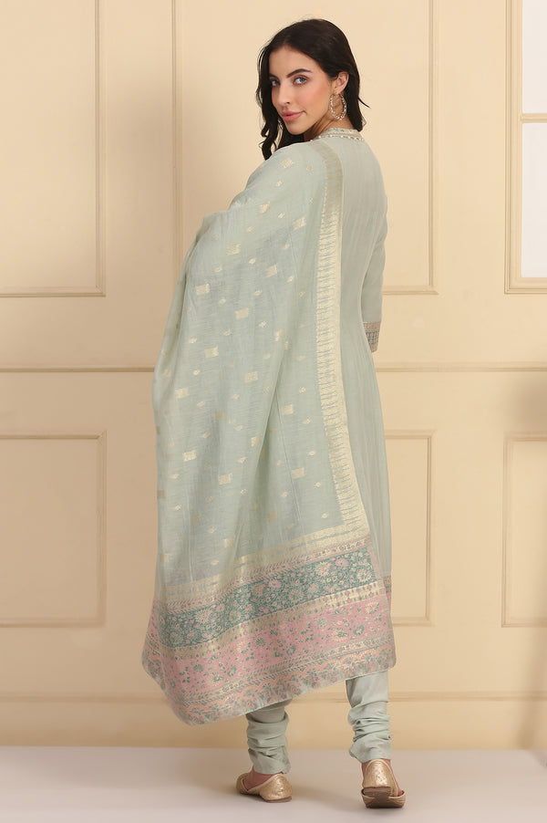Pastel Green Lace Embellished Flared Kurta, Cotton Churidar and Dupatta Set