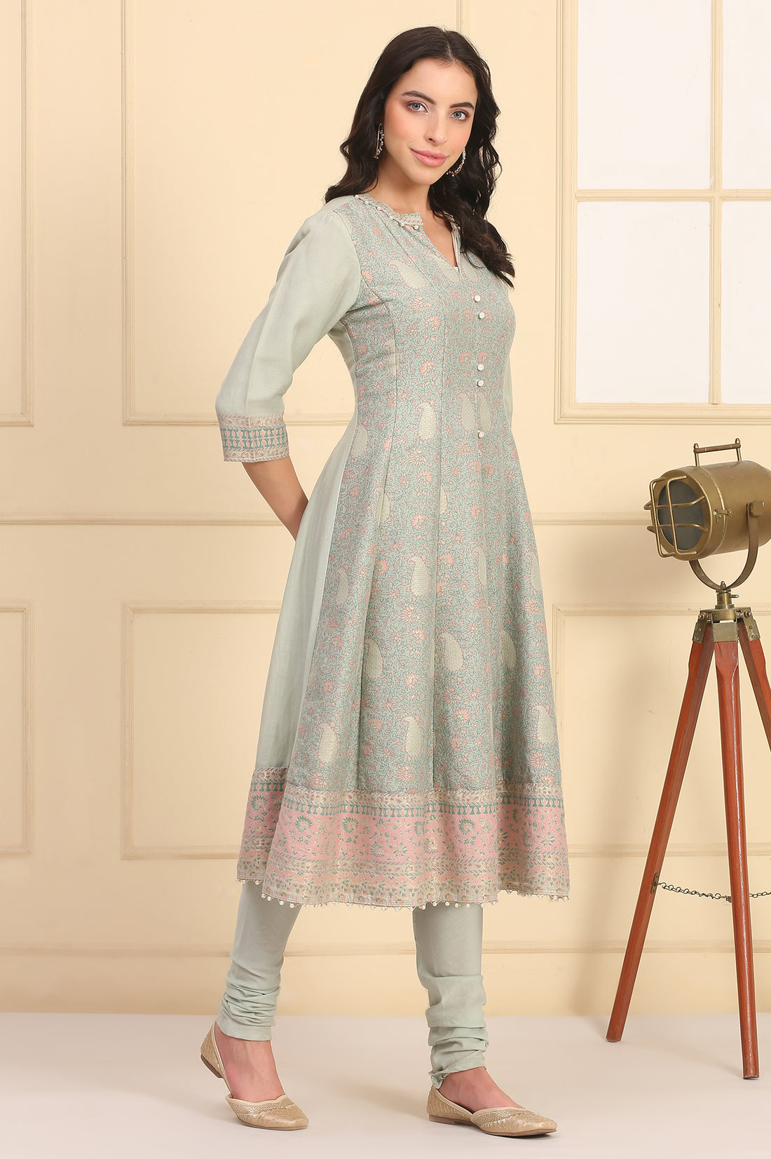 Pastel Green Lace Embellished Flared Kurta, Cotton Churidar and Dupatta Set