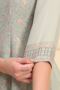 Pastel Green Lace Embellished Flared Kurta, Cotton Churidar and Dupatta Set