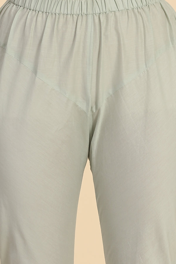 Pastel Green Lace Embellished Flared Kurta, Cotton Churidar and Dupatta Set