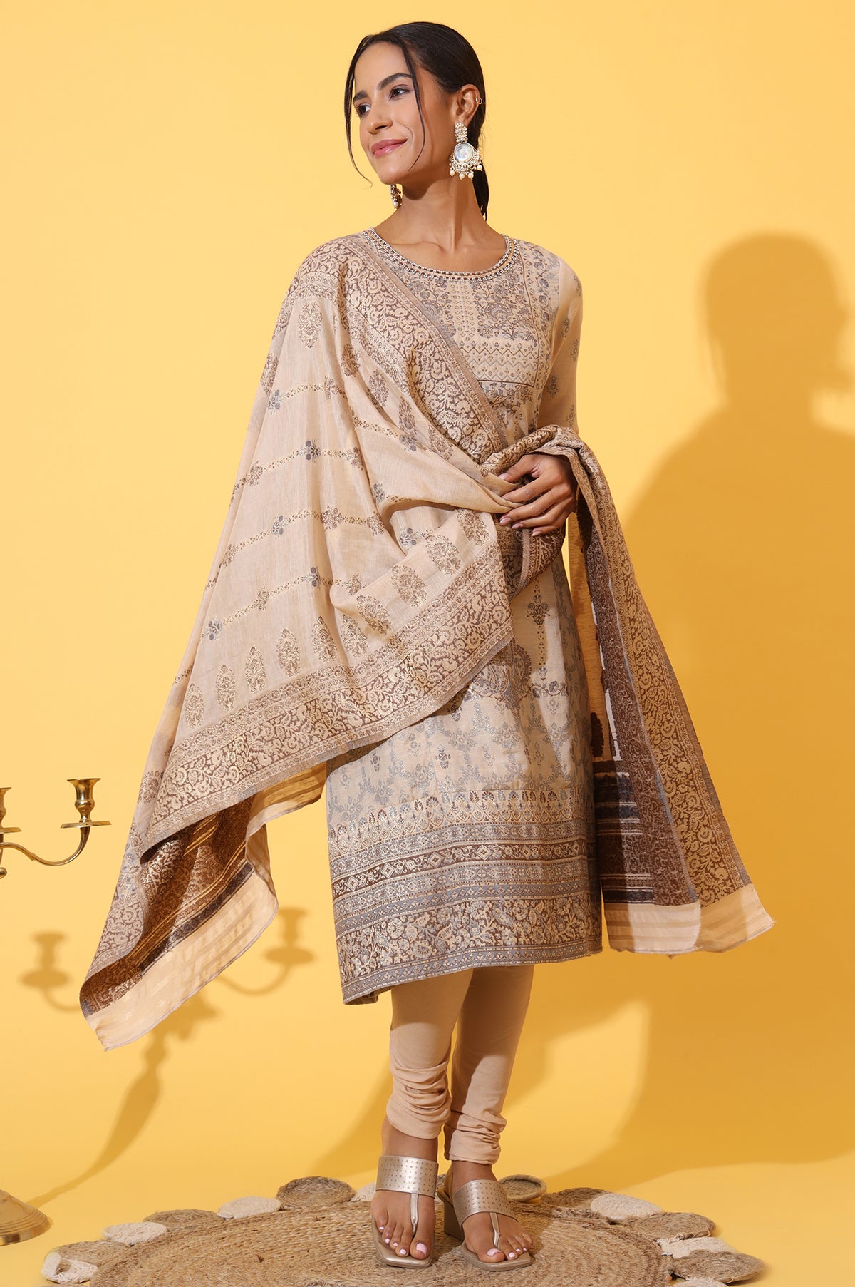 Beige Yarn Dyed Panelled Kurta, Churidar and Dupatta Set - S