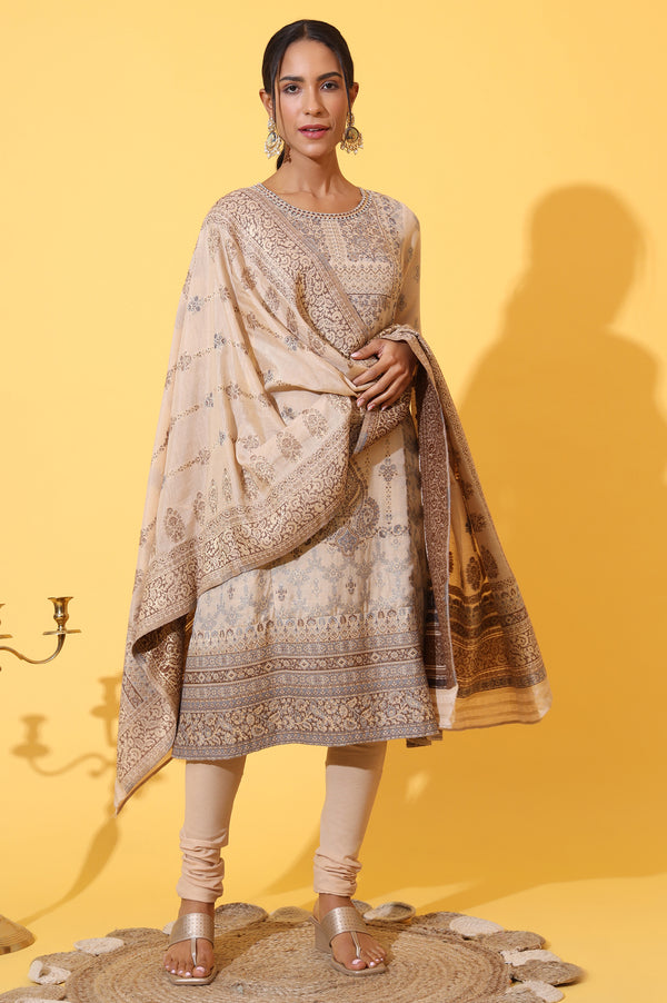 Beige Yarn Dyed Panelled Kurta, Churidar and Dupatta Set