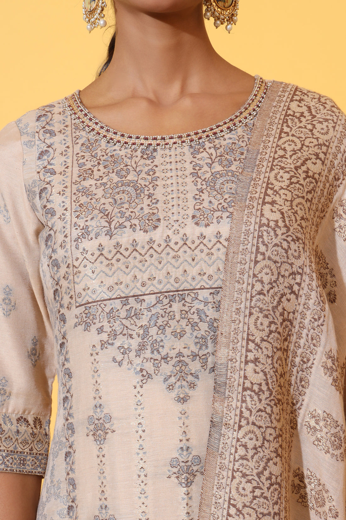 Beige Yarn Dyed Panelled Kurta, Churidar and Dupatta Set