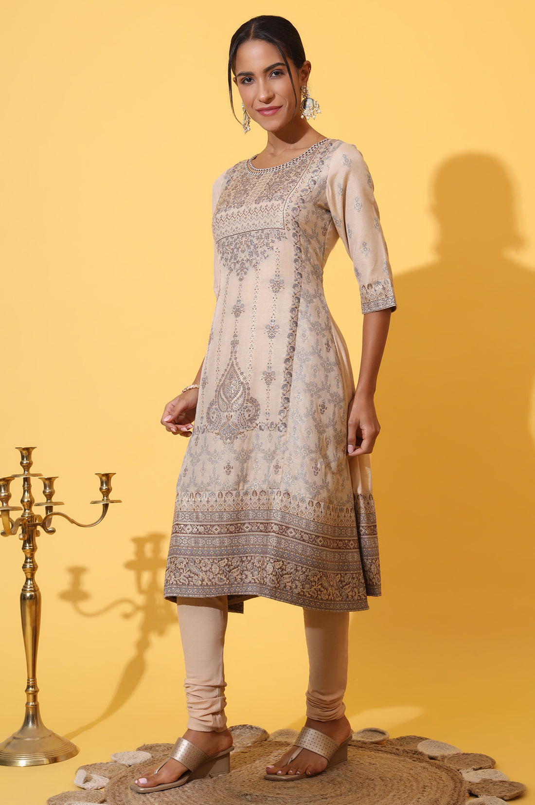 Beige Yarn Dyed Panelled Kurta, Churidar and Dupatta Set