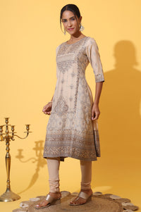 Beige Yarn Dyed Panelled Kurta, Churidar and Dupatta Set