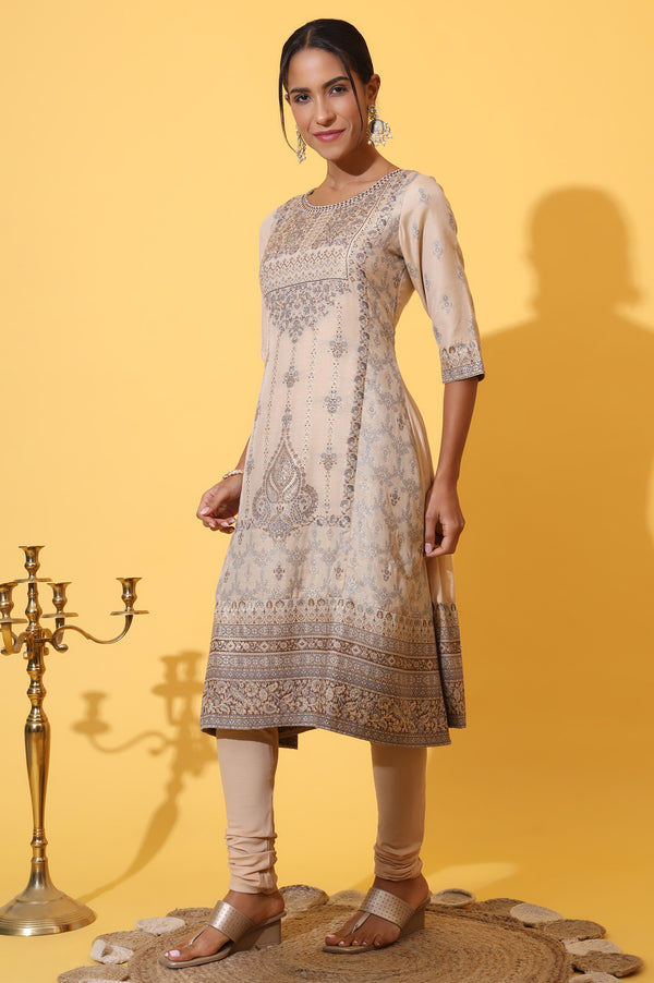 Beige Yarn Dyed Panelled Kurta, Churidar and Dupatta Set
