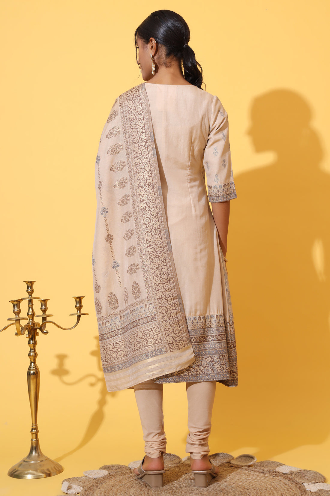 Beige Yarn Dyed Panelled Kurta, Churidar and Dupatta Set