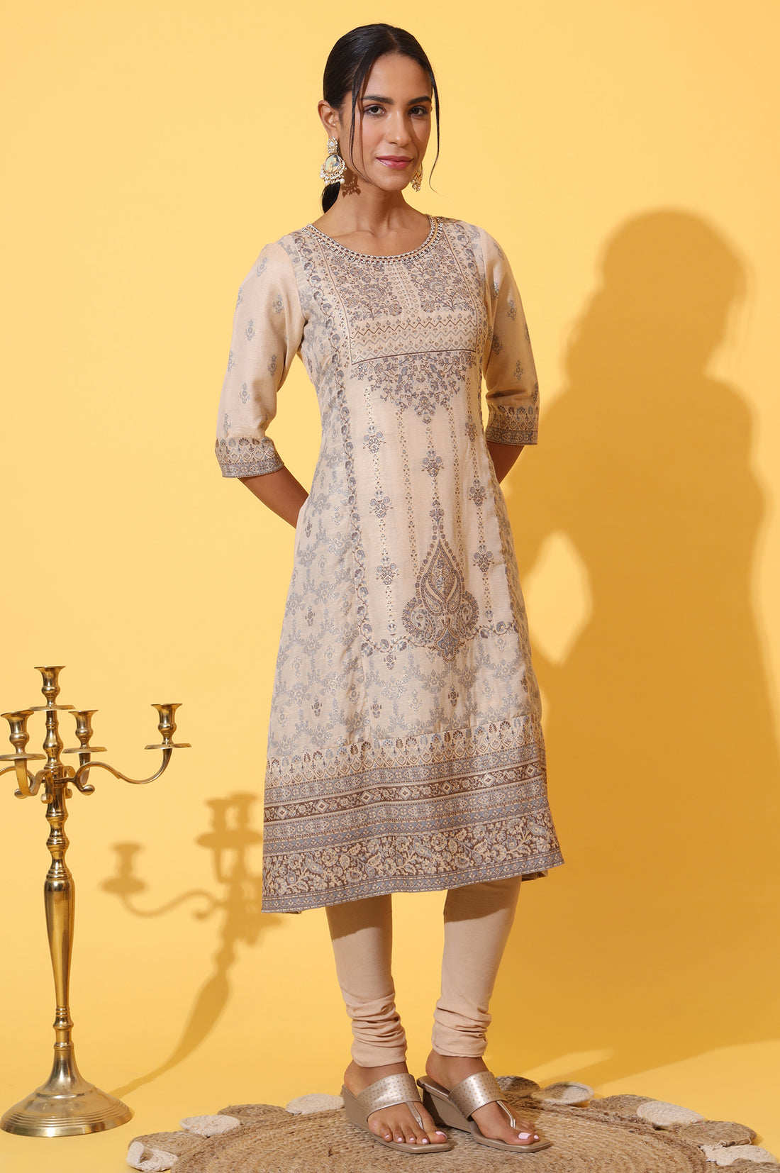Beige Yarn Dyed Panelled Kurta, Churidar and Dupatta Set