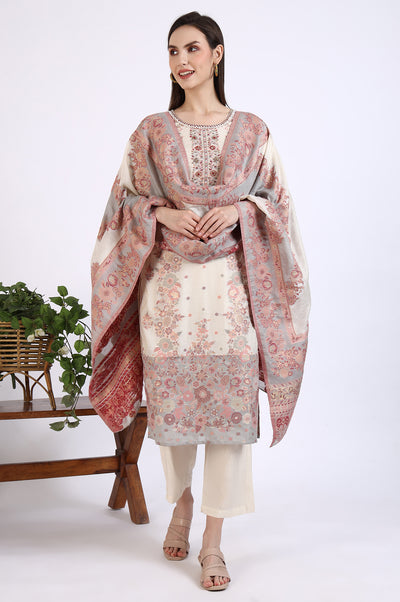 Cream Embroidered Yarn Dyed Straight Kurta, Palazzo and Dupatta Set