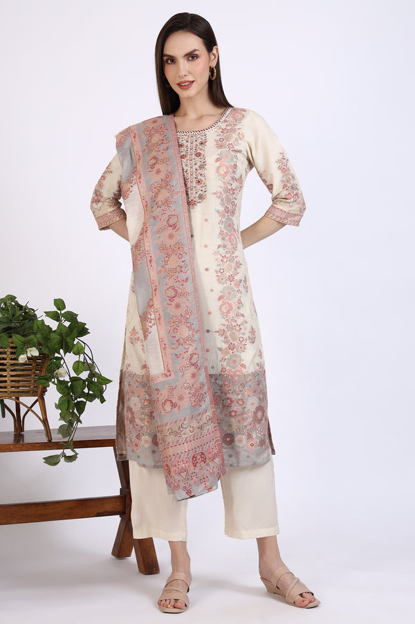 Cream Embroidered Yarn Dyed Straight Kurta, Palazzo and Dupatta Set