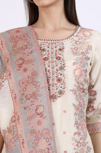 Cream Embroidered Yarn Dyed Straight Kurta, Palazzo and Dupatta Set