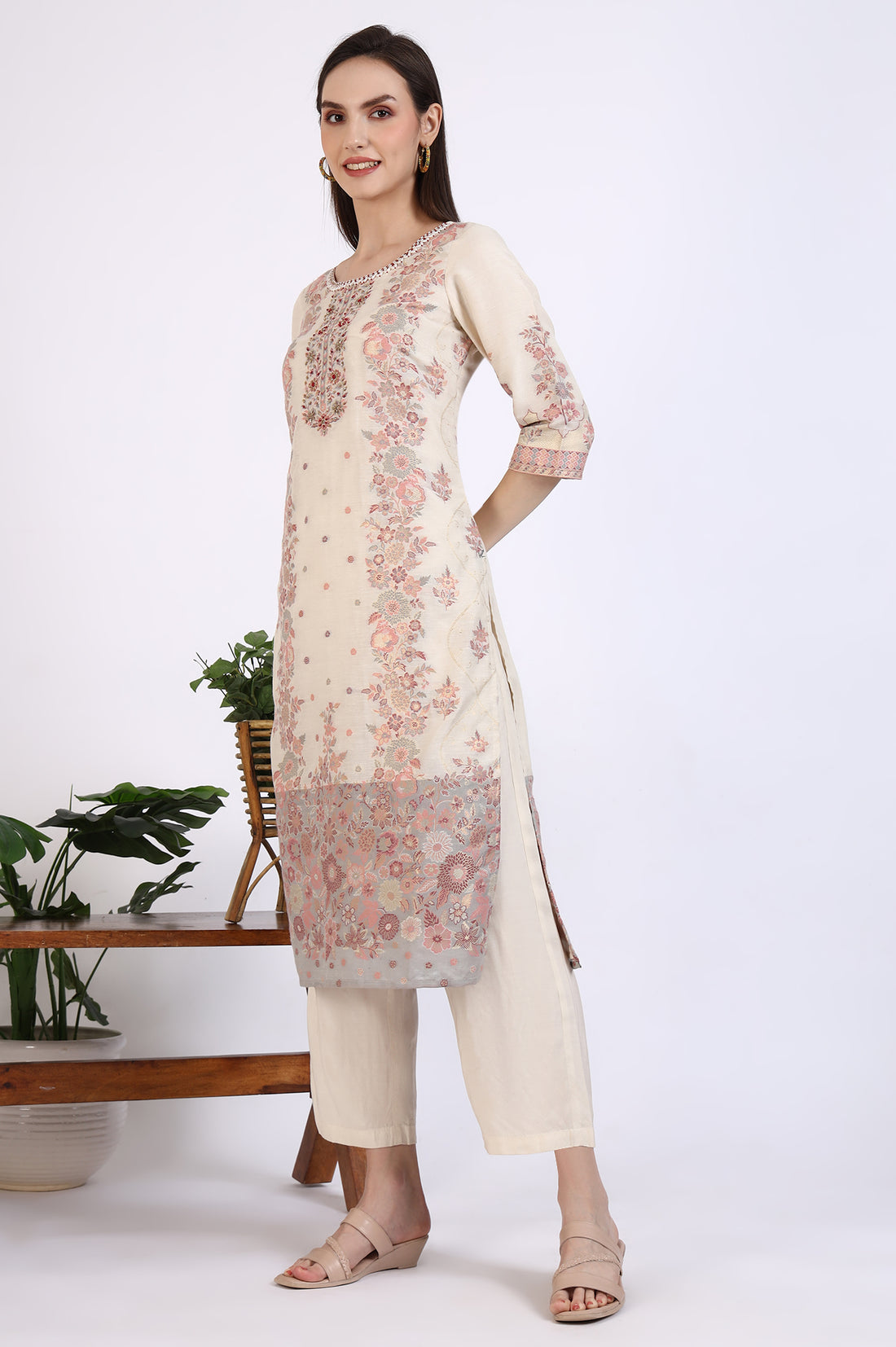 Cream Embroidered Yarn Dyed Straight Kurta, Palazzo and Dupatta Set