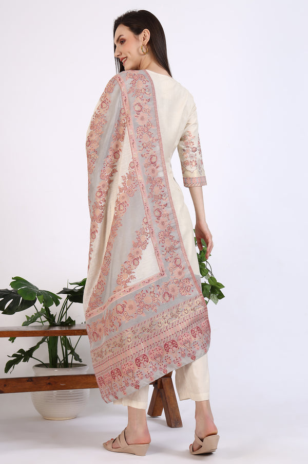 Cream Embroidered Yarn Dyed Straight Kurta, Palazzo and Dupatta Set
