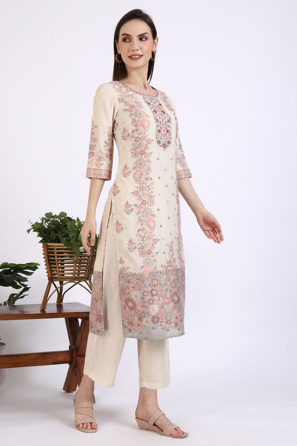 Cream Embroidered Yarn Dyed Straight Kurta, Palazzo and Dupatta Set