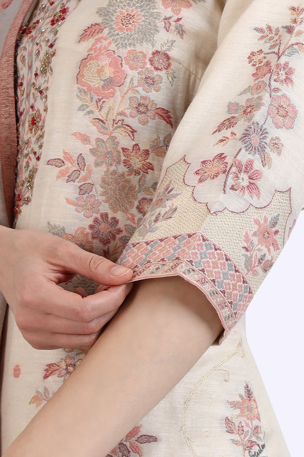 Cream Embroidered Yarn Dyed Straight Kurta, Palazzo and Dupatta Set