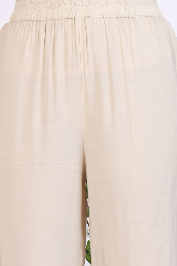 Cream Embroidered Yarn Dyed Straight Kurta, Palazzo and Dupatta Set