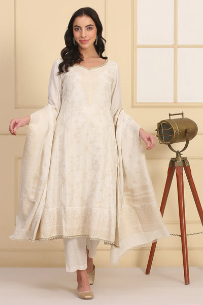 Off White Bead Embellished Flared Kurta, Palazzo and Dupatta Set