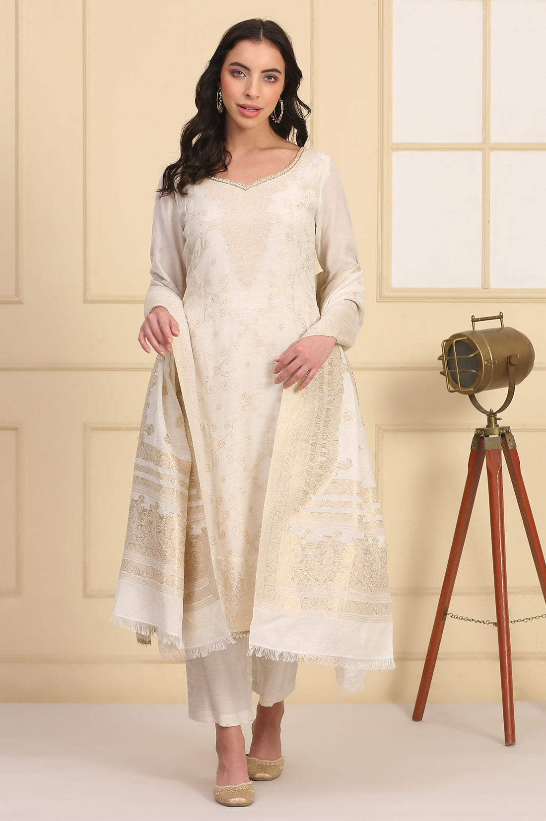 Off White Bead Embellished Flared Kurta, Palazzo and Dupatta Set