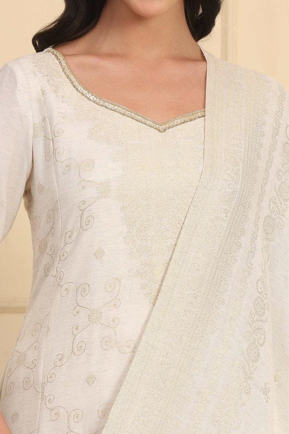 Off White Bead Embellished Flared Kurta, Palazzo and Dupatta Set