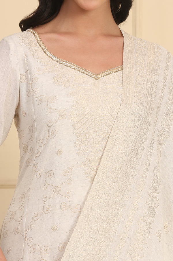 Off White Bead Embellished Flared Kurta, Palazzo and Dupatta Set